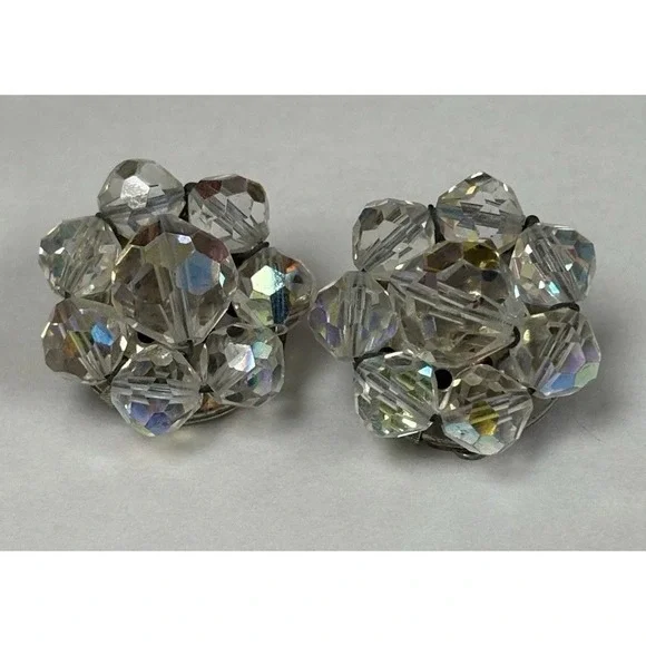Vintage Aurora Borealis Earrings Clear Crystal Sparkle Clip Silver Tone Unsigned - Picture 1 of 7